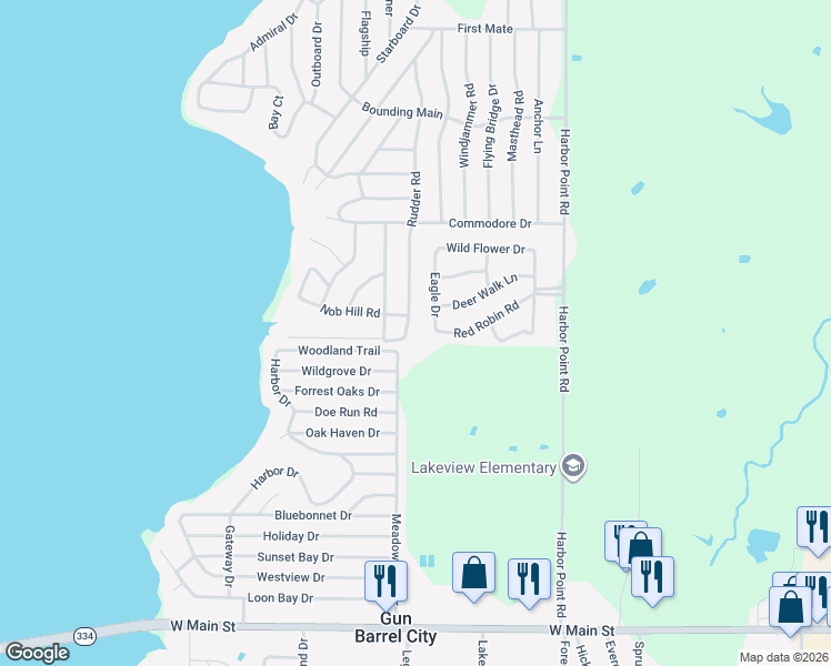 map of restaurants, bars, coffee shops, grocery stores, and more near 102 Woodland Trail in Gun Barrel City