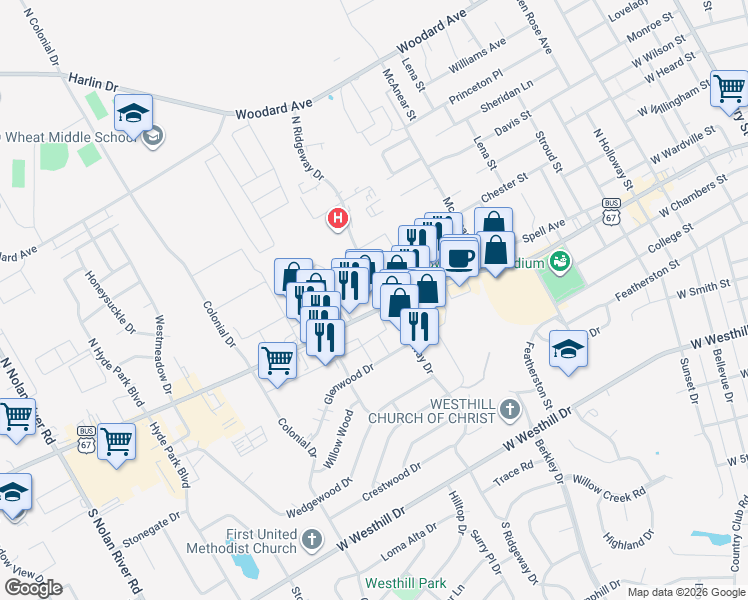 map of restaurants, bars, coffee shops, grocery stores, and more near 100 South Ridgeway Drive in Cleburne