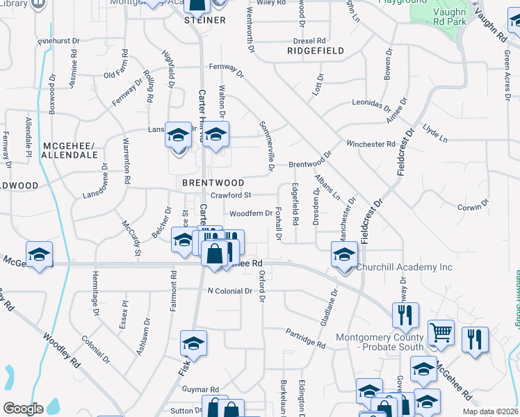 map of restaurants, bars, coffee shops, grocery stores, and more near 3138 Woodfern Drive in Montgomery
