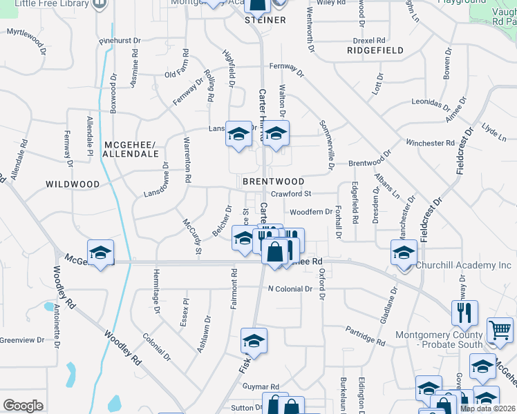 map of restaurants, bars, coffee shops, grocery stores, and more near 3529 Carter Hill Road in Montgomery