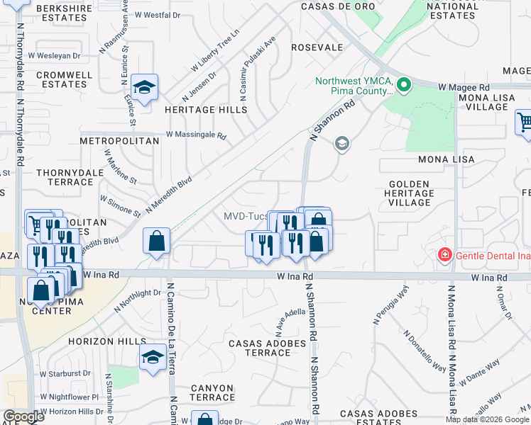 map of restaurants, bars, coffee shops, grocery stores, and more near 2988 West Lotus Blossom Court in Tucson
