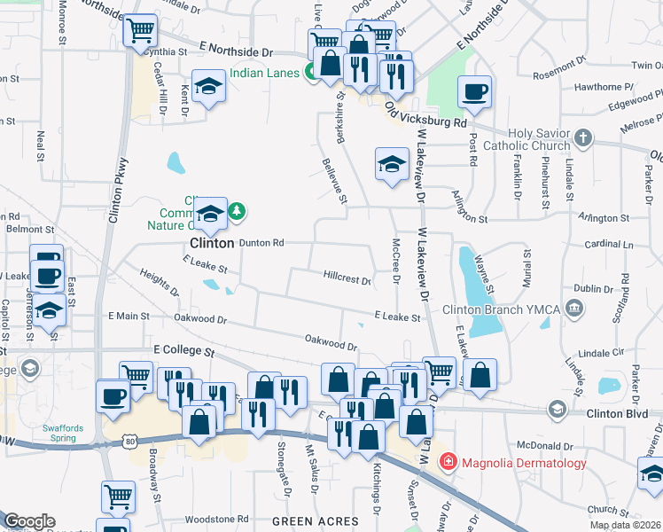 map of restaurants, bars, coffee shops, grocery stores, and more near 119 Hillcrest Drive in Clinton