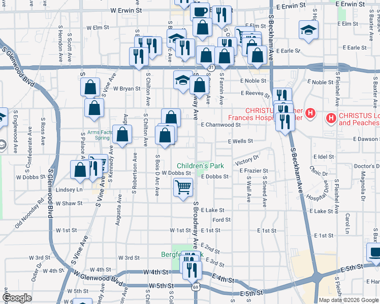 map of restaurants, bars, coffee shops, grocery stores, and more near 815 South Broadway Avenue in Tyler