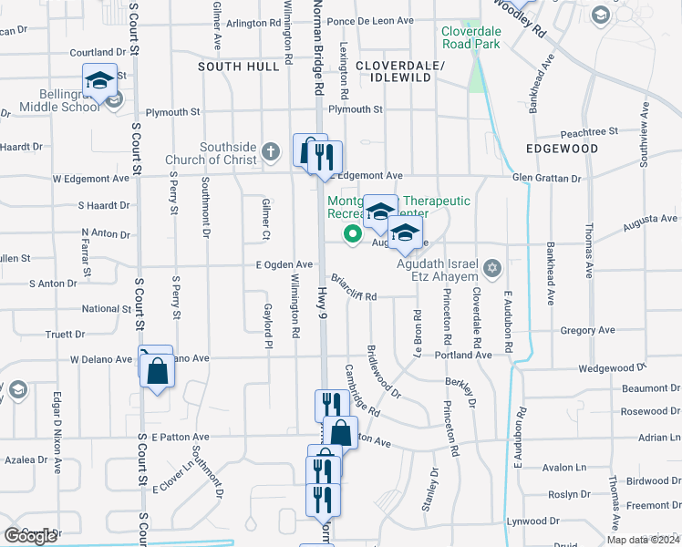 map of restaurants, bars, coffee shops, grocery stores, and more near 515 Briarcliff Road in Montgomery