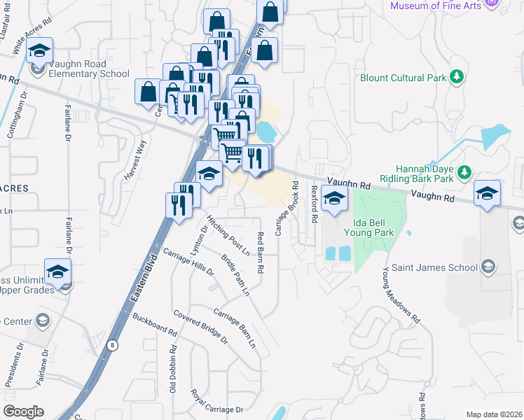 map of restaurants, bars, coffee shops, grocery stores, and more near 5713 Red Barn Road in Montgomery