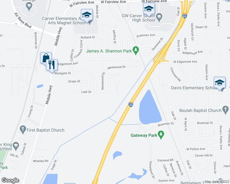 map of restaurants, bars, coffee shops, grocery stores, and more near 2624 Springfield Drive in Montgomery