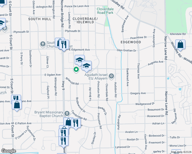map of restaurants, bars, coffee shops, grocery stores, and more near 3461 Princeton Rd in Montgomery