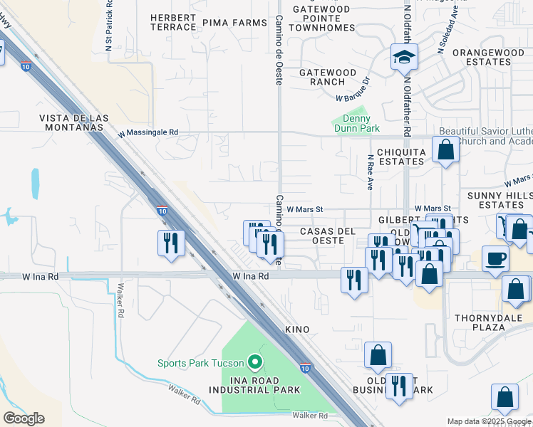 map of restaurants, bars, coffee shops, grocery stores, and more near 7275 Camino de Oeste in Tucson
