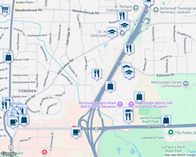 map of restaurants, bars, coffee shops, grocery stores, and more near 3806 Montrose Circle in Jackson