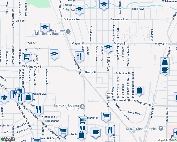 map of restaurants, bars, coffee shops, grocery stores, and more near 1250 Warren Street in Jackson