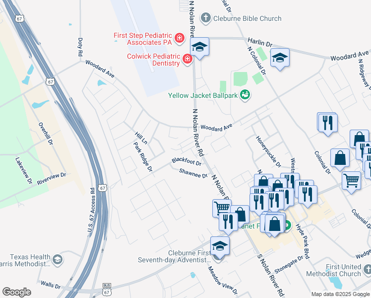 map of restaurants, bars, coffee shops, grocery stores, and more near 1714 Blackfoot Drive in Cleburne