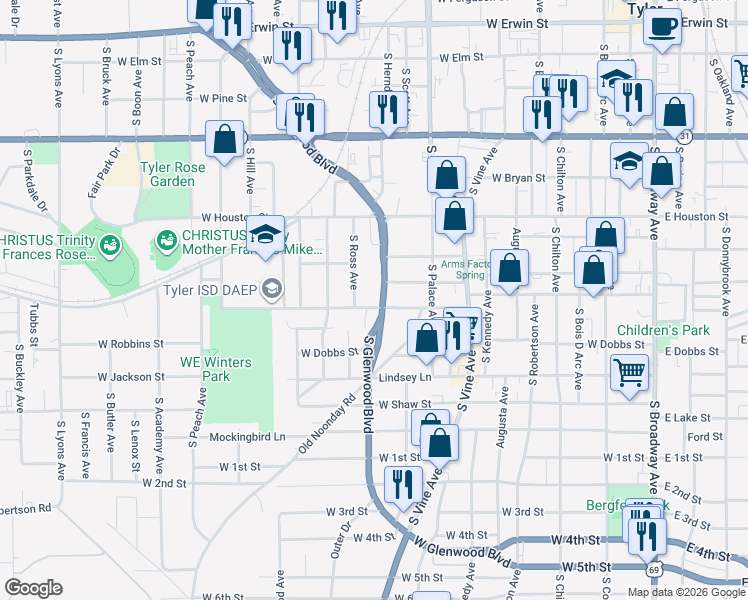 map of restaurants, bars, coffee shops, grocery stores, and more near 821 South Glenwood Boulevard in Tyler