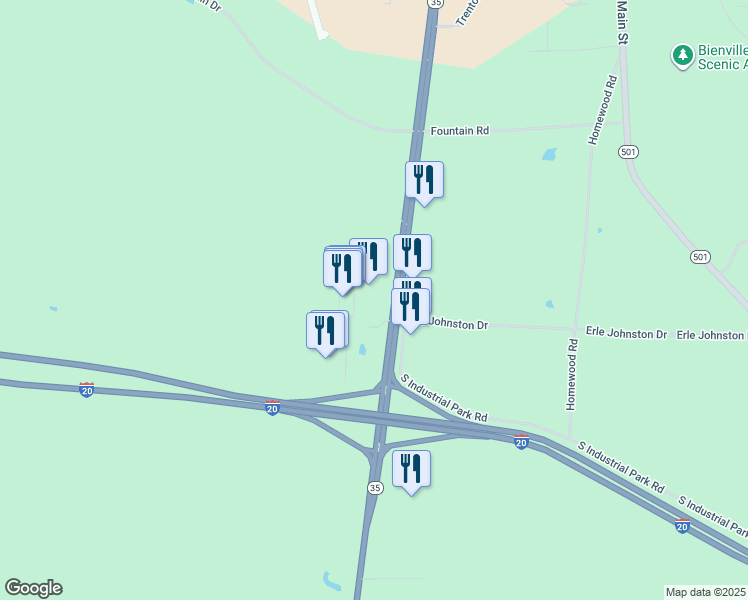 map of restaurants, bars, coffee shops, grocery stores, and more near 1237 Mississippi 35 in Forest
