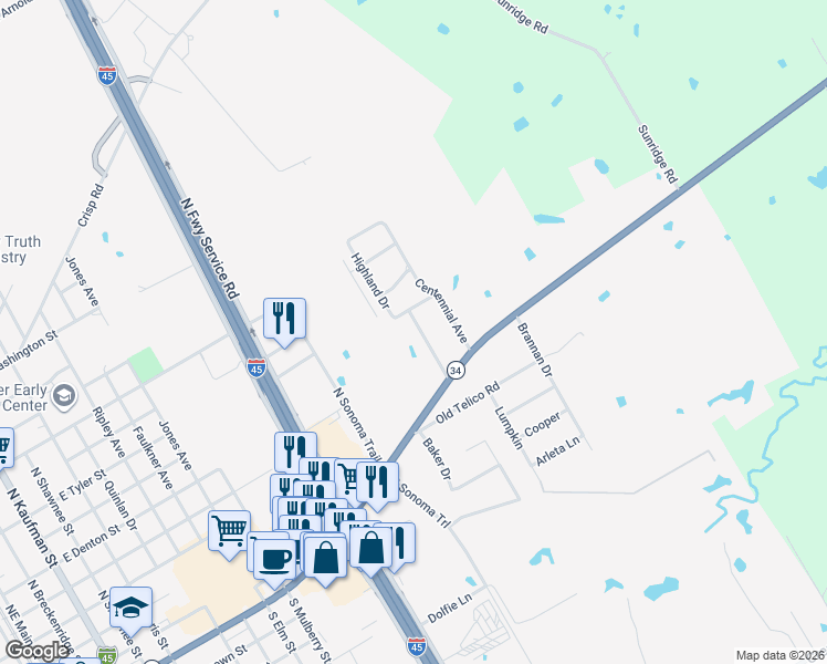 map of restaurants, bars, coffee shops, grocery stores, and more near 129 Highland Drive in Ennis