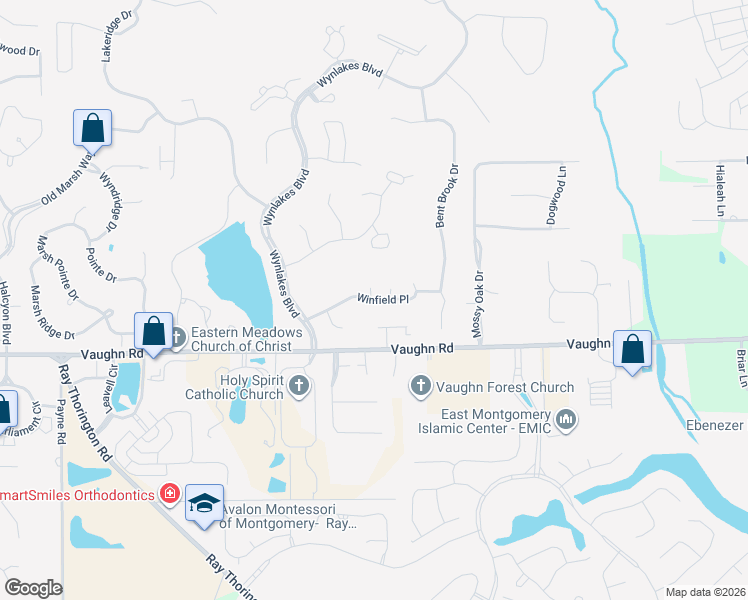 map of restaurants, bars, coffee shops, grocery stores, and more near 9520 Winfield Place in Montgomery