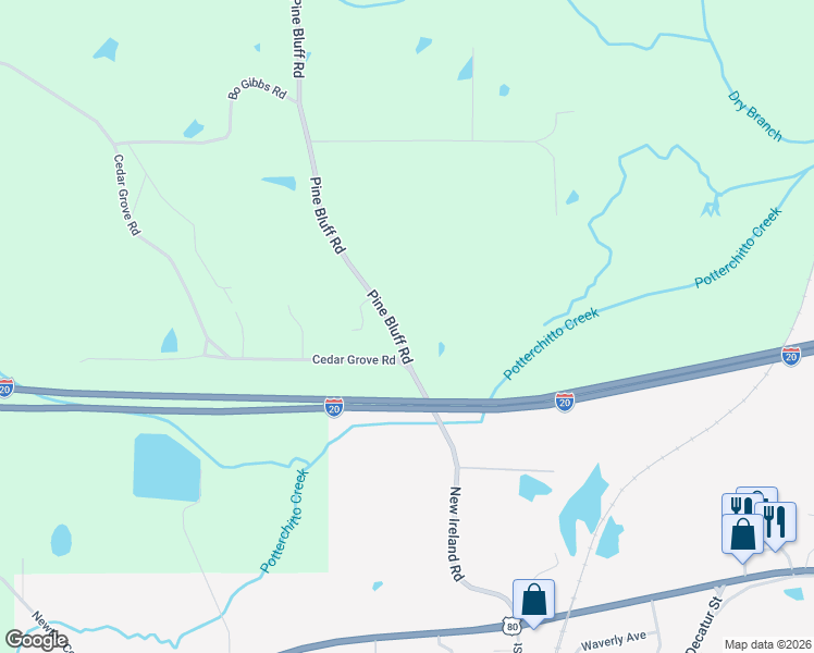 map of restaurants, bars, coffee shops, grocery stores, and more near 795-1045 Pine Bluff Road in Newton