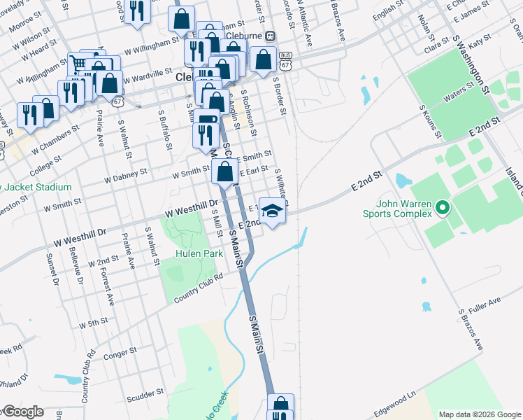 map of restaurants, bars, coffee shops, grocery stores, and more near 1002 South Anglin Street in Cleburne