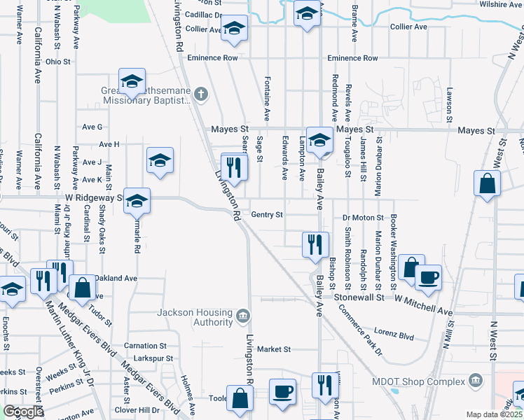 map of restaurants, bars, coffee shops, grocery stores, and more near 1250 Warren Street in Jackson