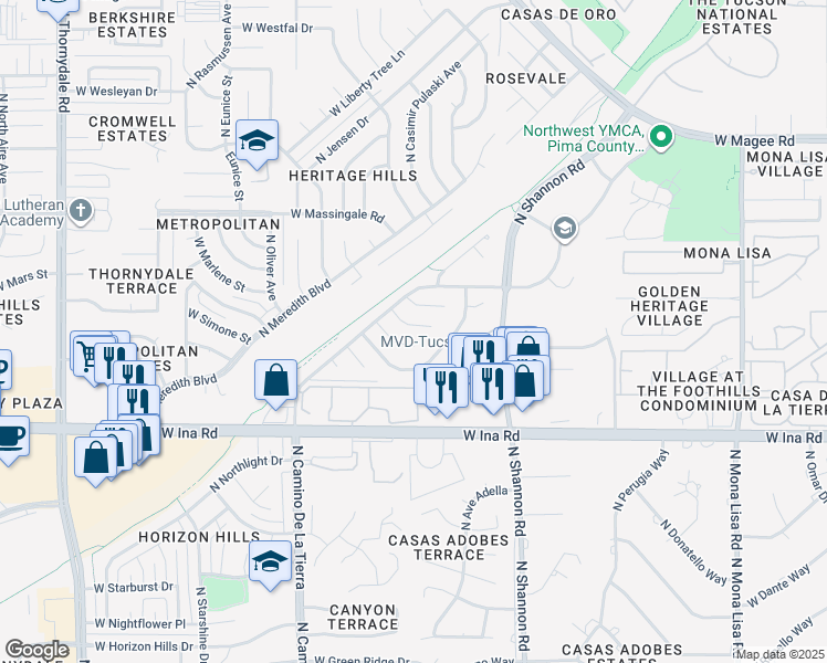 map of restaurants, bars, coffee shops, grocery stores, and more near 7394 North Dickinson Place in Tucson