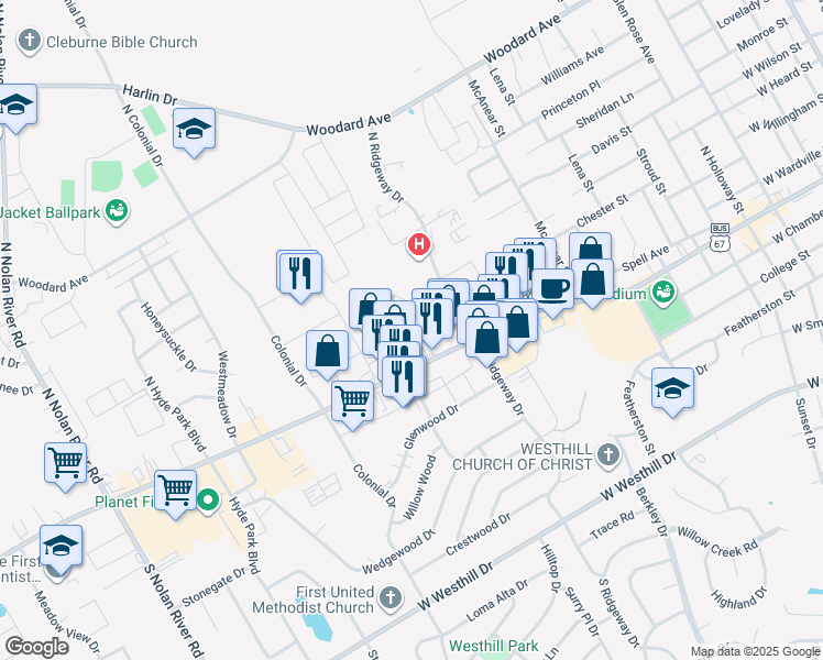 map of restaurants, bars, coffee shops, grocery stores, and more near 1605 Westridge Street in Cleburne