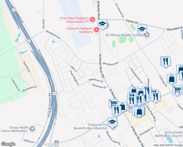 map of restaurants, bars, coffee shops, grocery stores, and more near 1700 Overland Drive in Cleburne