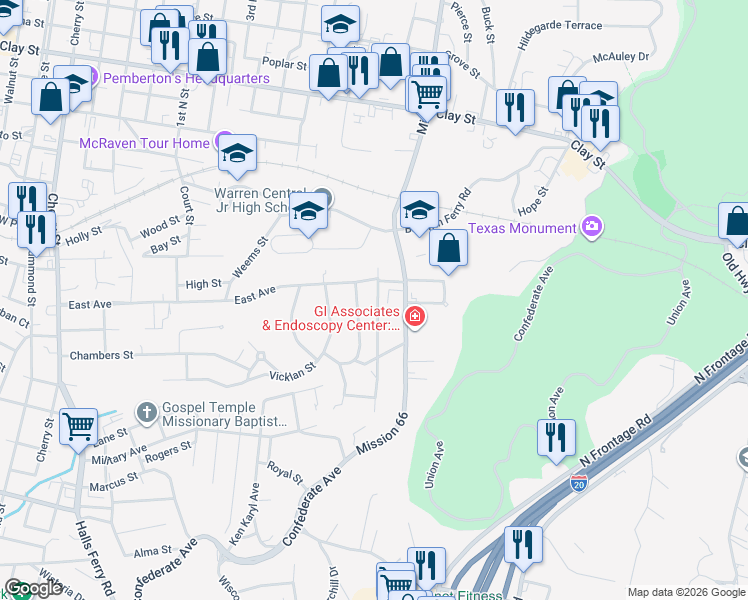 map of restaurants, bars, coffee shops, grocery stores, and more near 1823 Eisenhower Dr in Vicksburg