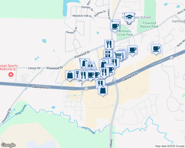 map of restaurants, bars, coffee shops, grocery stores, and more near 300 Ridge Way in Flowood