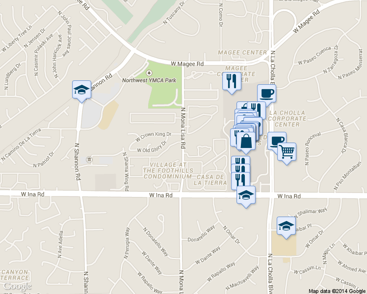 map of restaurants, bars, coffee shops, grocery stores, and more near 2509 West Crown King Drive in Tucson