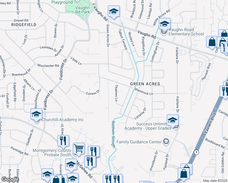 map of restaurants, bars, coffee shops, grocery stores, and more near 2228 Thames Lane in Montgomery