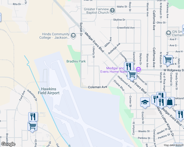 map of restaurants, bars, coffee shops, grocery stores, and more near 3665 Liberty Street in Jackson