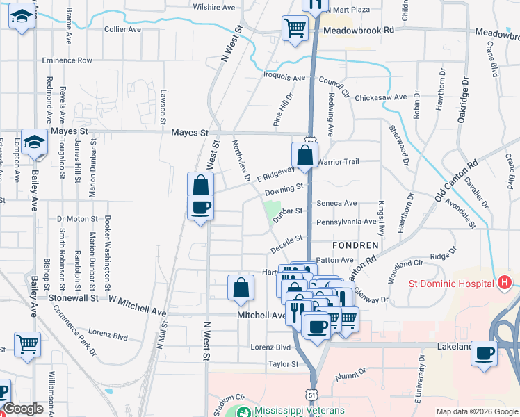 map of restaurants, bars, coffee shops, grocery stores, and more near 405 Downing Street in Jackson