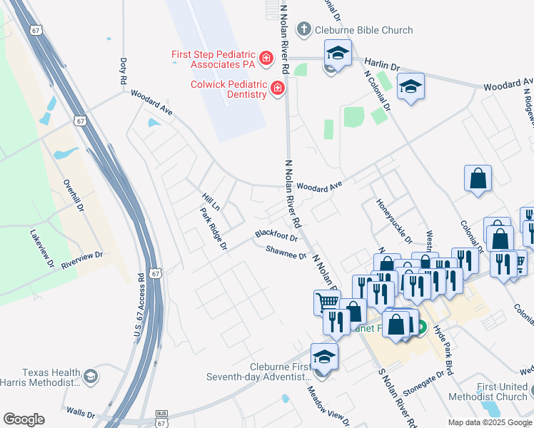 map of restaurants, bars, coffee shops, grocery stores, and more near 1700 Overland Drive in Cleburne