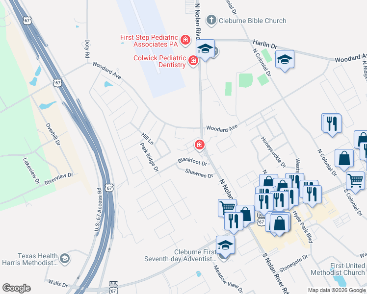 map of restaurants, bars, coffee shops, grocery stores, and more near 1700 Overland Drive in Cleburne
