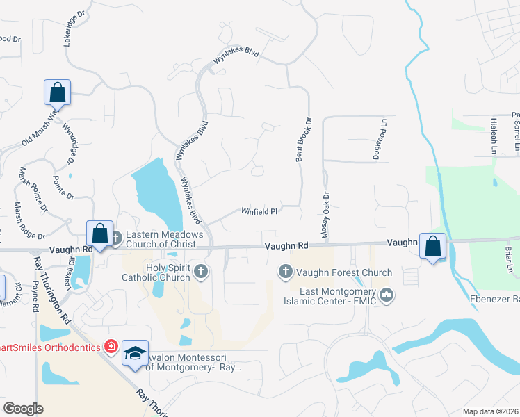 map of restaurants, bars, coffee shops, grocery stores, and more near 9483 Winfield Place in Montgomery