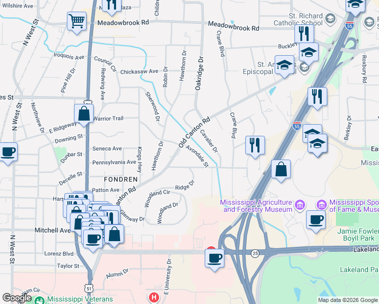 map of restaurants, bars, coffee shops, grocery stores, and more near 1026 Avondale Street in Jackson