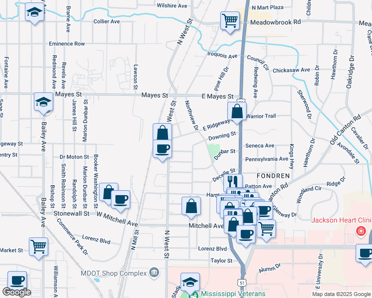 map of restaurants, bars, coffee shops, grocery stores, and more near 246 Donald Street in Jackson
