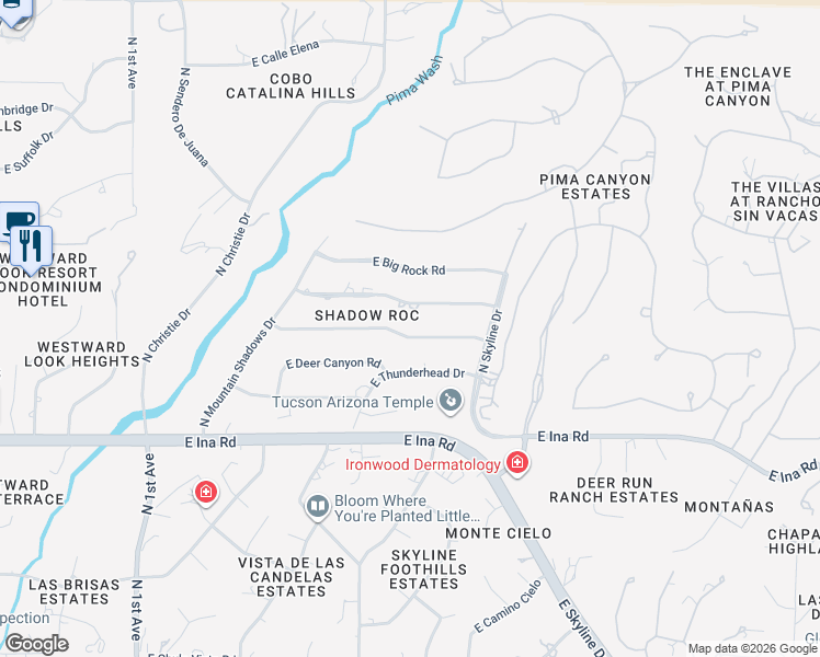 map of restaurants, bars, coffee shops, grocery stores, and more near 1502 East Moonridge Road in Tucson