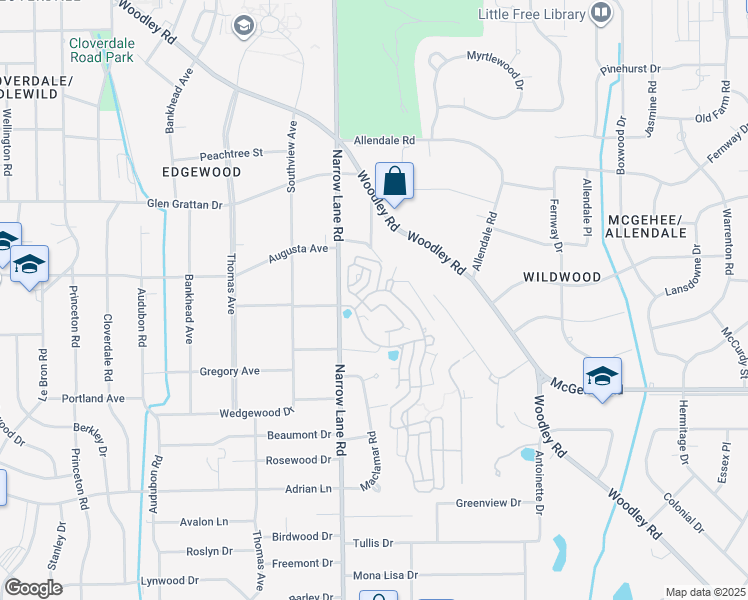 map of restaurants, bars, coffee shops, grocery stores, and more near 3508 Lockwood Lane in Montgomery