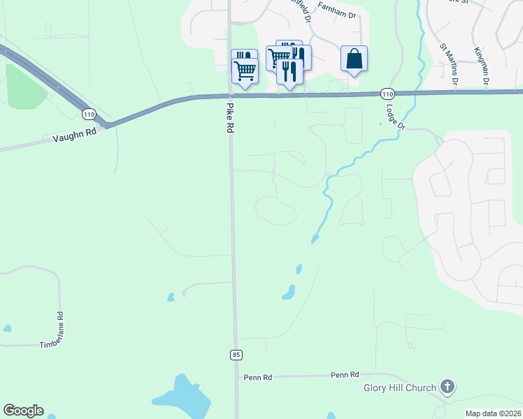 map of restaurants, bars, coffee shops, grocery stores, and more near 55 South Charleson Crossing in Pike Road
