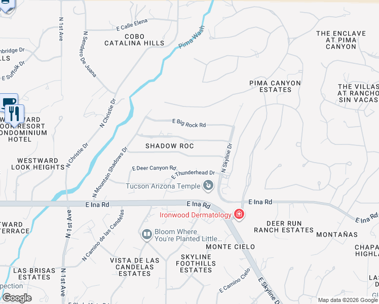 map of restaurants, bars, coffee shops, grocery stores, and more near 1502 East Moonridge Road in Tucson