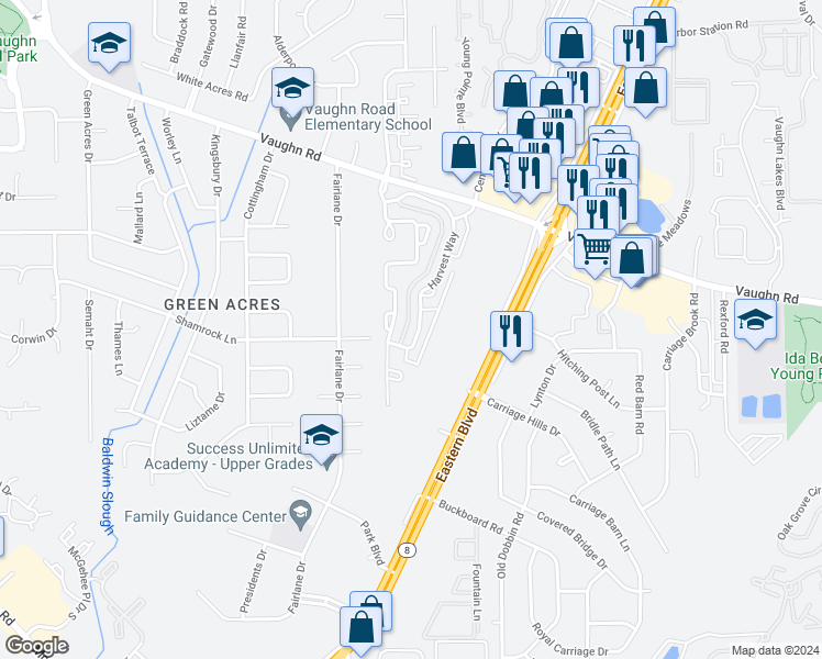 map of restaurants, bars, coffee shops, grocery stores, and more near 4750 Harvest Way in Montgomery