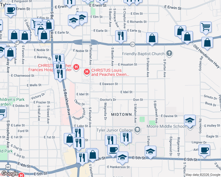 map of restaurants, bars, coffee shops, grocery stores, and more near 659 South Baxter Avenue in Tyler