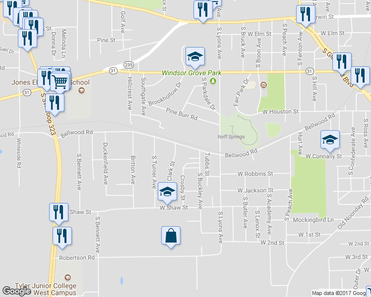 map of restaurants, bars, coffee shops, grocery stores, and more near 2514 Bellwood Road in Tyler
