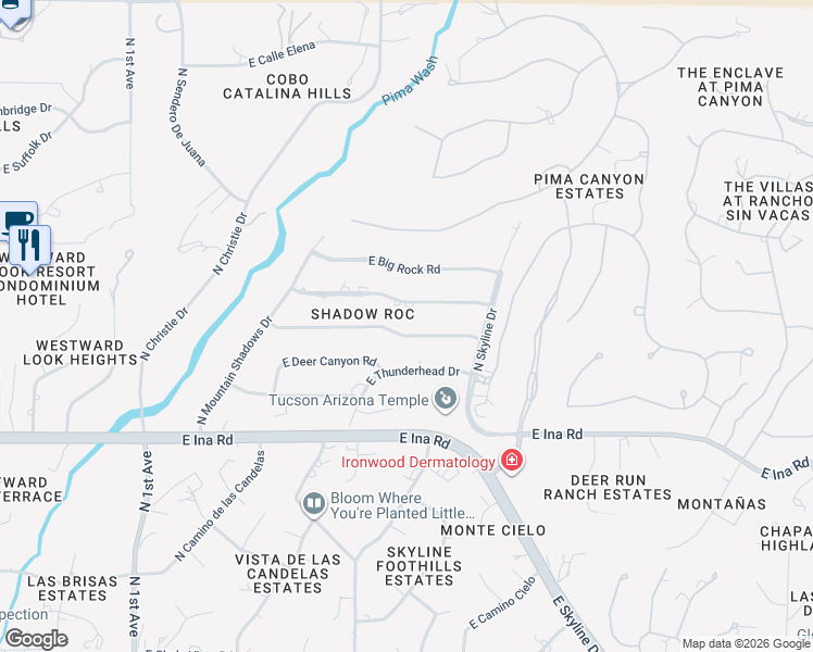 map of restaurants, bars, coffee shops, grocery stores, and more near 1502 East Moonridge Road in Tucson