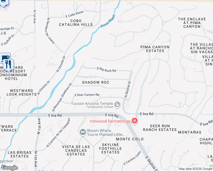 map of restaurants, bars, coffee shops, grocery stores, and more near 1502 East Moonridge Road in Tucson