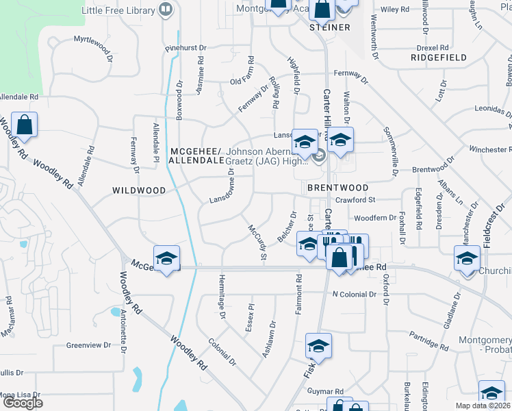 map of restaurants, bars, coffee shops, grocery stores, and more near 2400 Hermitage Drive in Montgomery