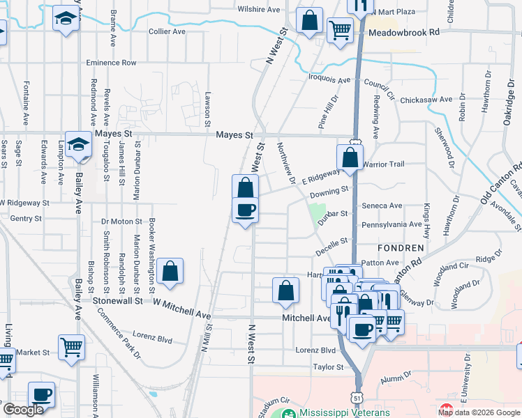 map of restaurants, bars, coffee shops, grocery stores, and more near 307 East Ridgeway Street in Jackson