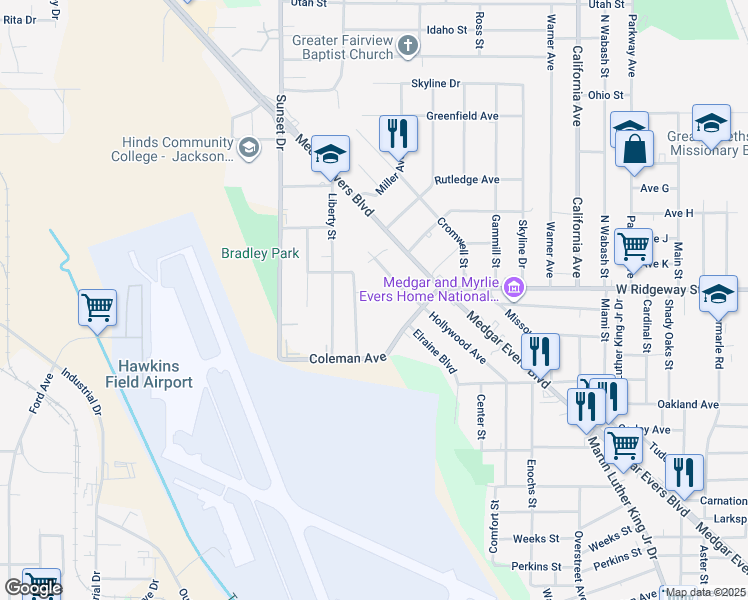 map of restaurants, bars, coffee shops, grocery stores, and more near 160 Bindura Court in Jackson