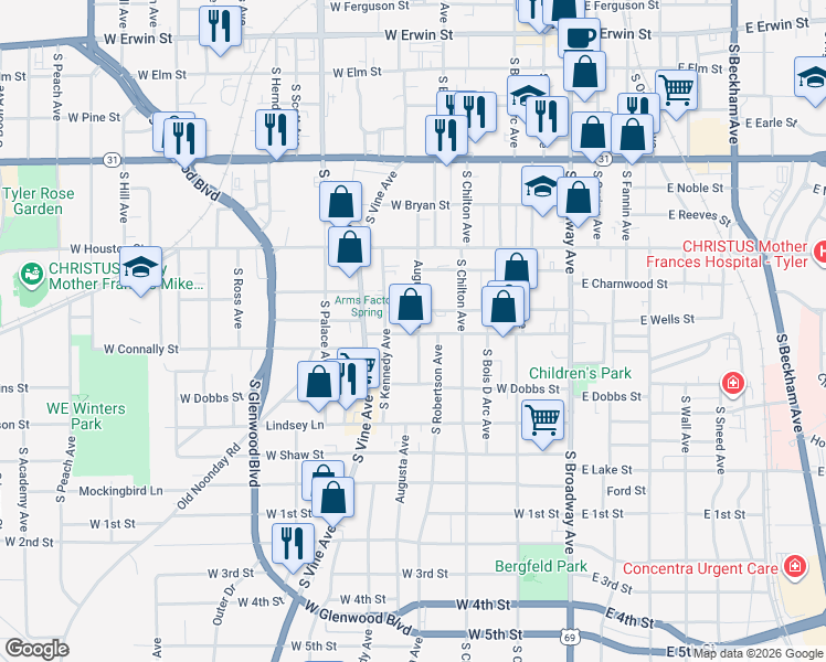 map of restaurants, bars, coffee shops, grocery stores, and more near 721 Augusta Avenue in Tyler