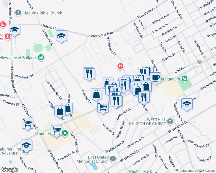 map of restaurants, bars, coffee shops, grocery stores, and more near 1616 Westridge Street in Cleburne